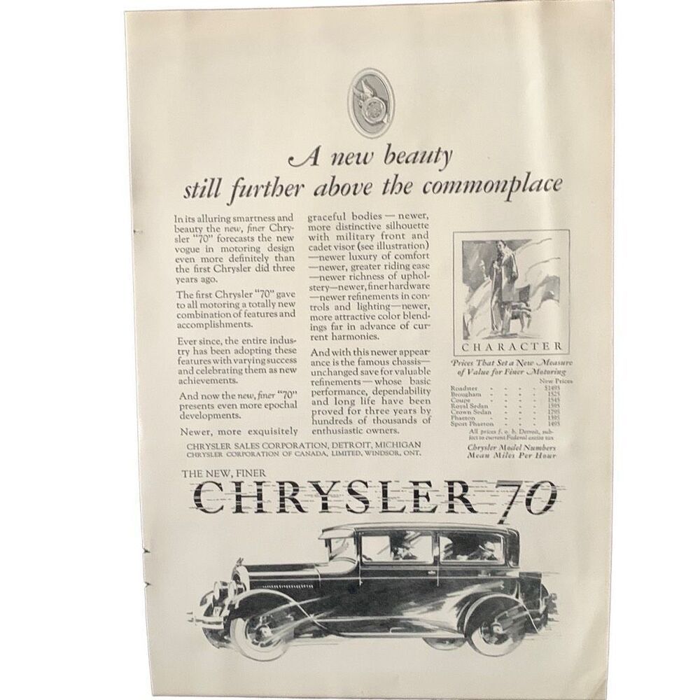 Vintage 1927 Chrysler 70 Above the Commonplace Ad Advertisement